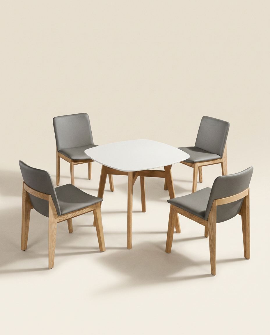 Set compacto con mesa cuadrada y butacas de nogal con piel marfil