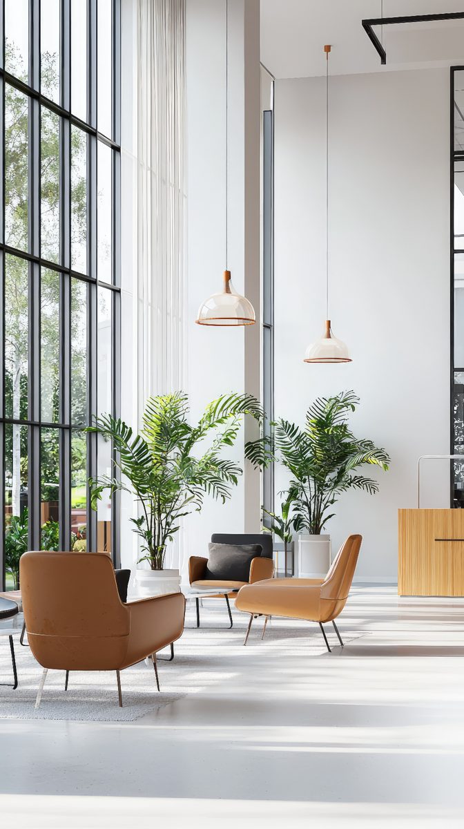 Lobby corporativo de doble altura con sillones de piel café, lámparas pendulares de vidrio, ventanal monumental y palmeras integradas