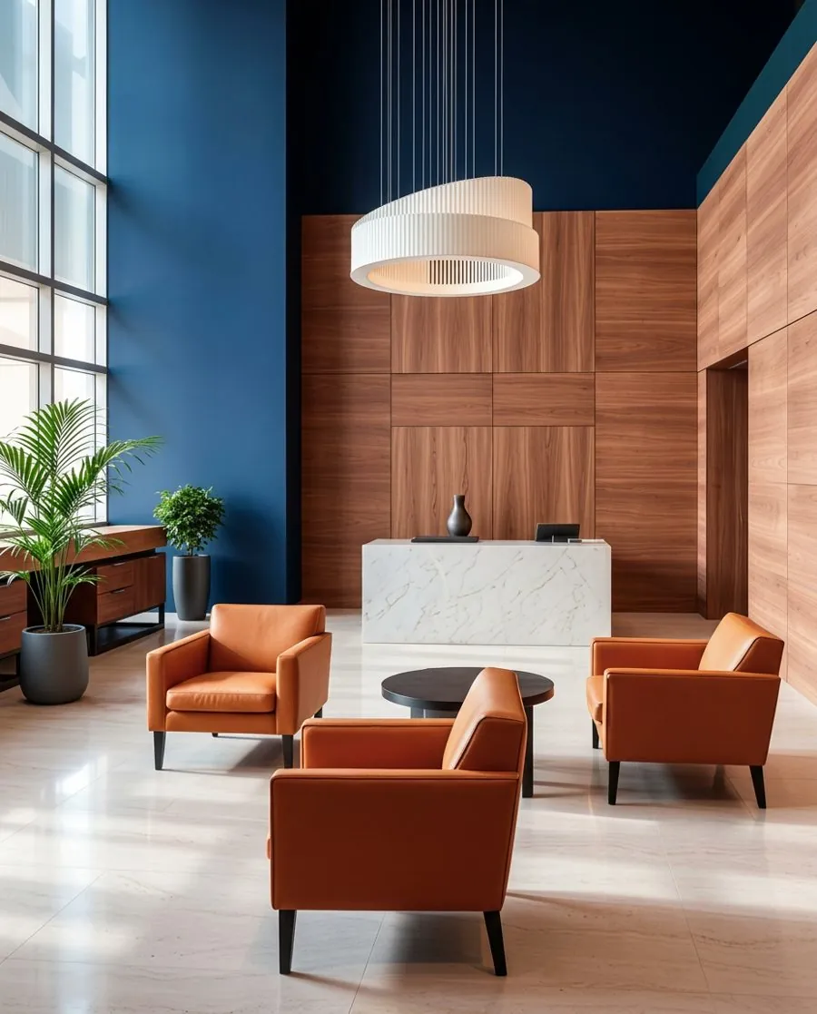 Lobby corporativo de doble altura con muro azul marino, paneles de nogal, recepción de mármol blanco y butacas de piel naranja