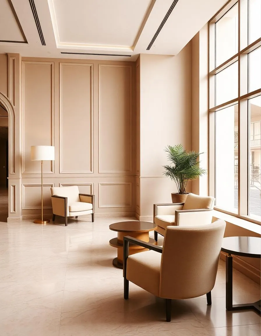 Lobby de hotel con sillones beige y lámpara de latón
