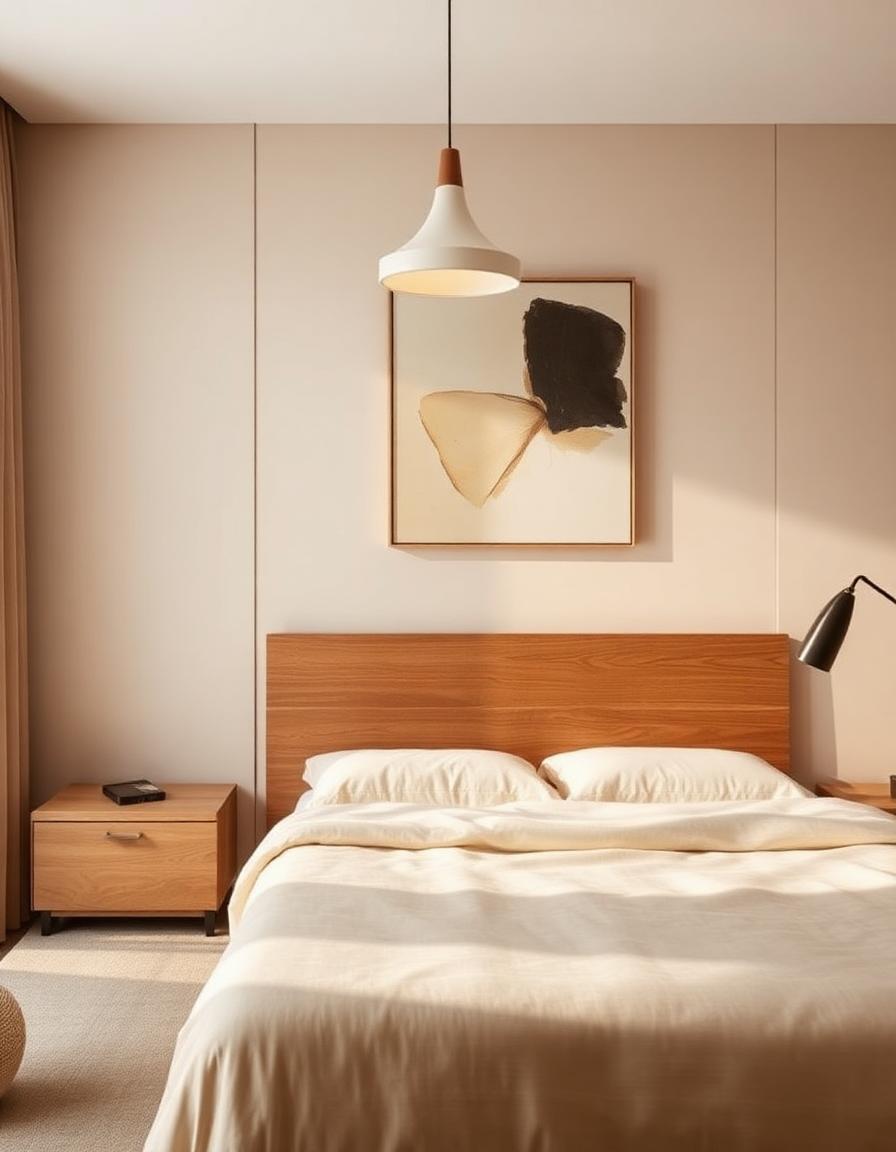 Suite de hotel con cabecera de roble y arte abstracto